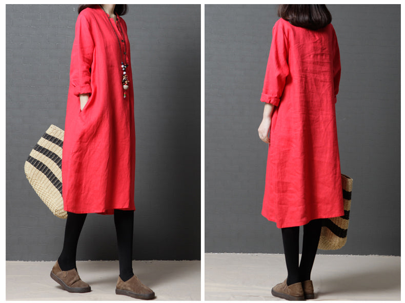 Vintage Linen Women V Neck Long Shirt Dresses-Dresses-Red-L-Free Shipping Leatheretro