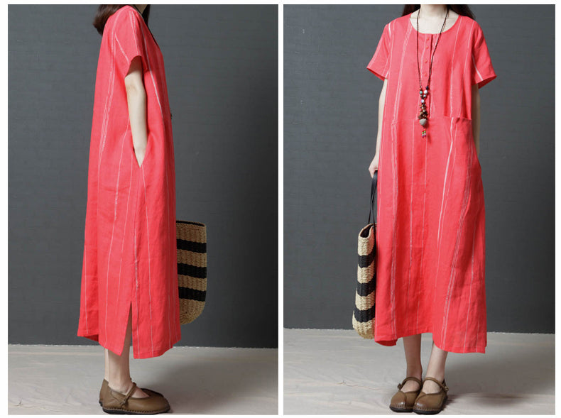 Summer Cozy Linen Plus Sizes Midi Dresses-Dresses-Red-L-Free Shipping Leatheretro