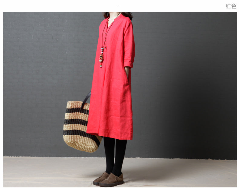 Vintage Linen Women V Neck Long Shirt Dresses-Dresses-Red-L-Free Shipping Leatheretro