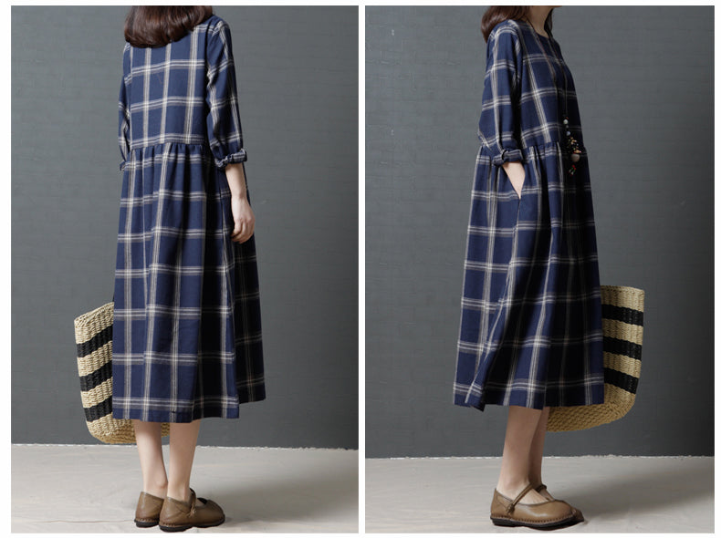 Vintage Linen Plaid Women Plus Sizes Long Dresses-Dresses-The same as picture-XL-Free Shipping Leatheretro