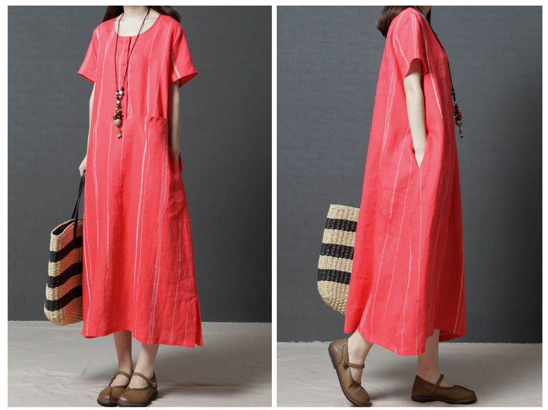 Summer Cozy Linen Plus Sizes Midi Dresses-Dresses-Red-L-Free Shipping Leatheretro