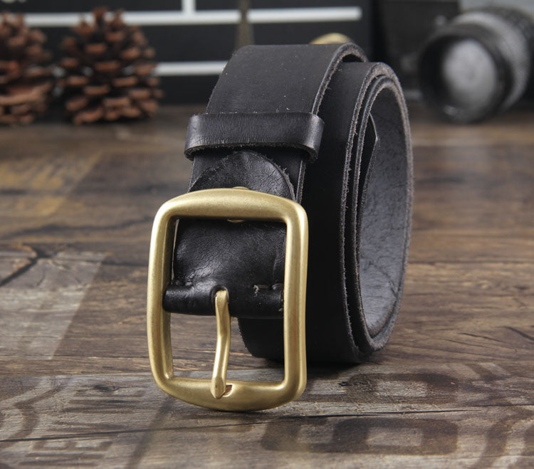 Vintage Handmade Brass Buckle Leather Belt-Khaki-105-125cm-Free Shipping Leatheretro