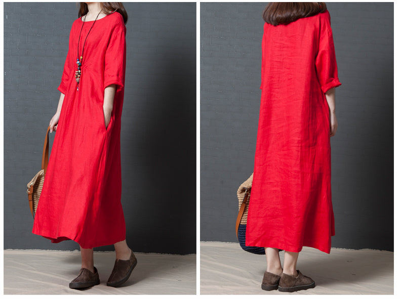 Vintage Linen Long Sleeves Dresses-Dresses-Red-M-Free Shipping Leatheretro