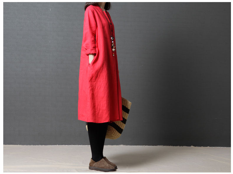 Vintage Linen Women V Neck Long Shirt Dresses-Dresses-Red-L-Free Shipping Leatheretro