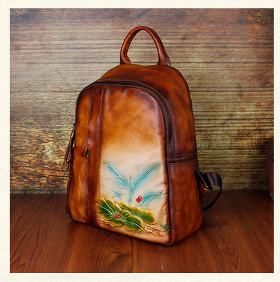 Vintage Floral Embossing Leather Backpack for Women C311-Leather Backpack for Women-Yellow-Free Shipping Leatheretro