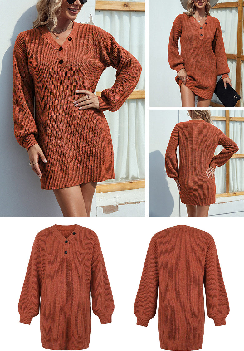 Fashion V Neck Fall Knitted Dresses-Dresses-Brown-S-Free Shipping Leatheretro