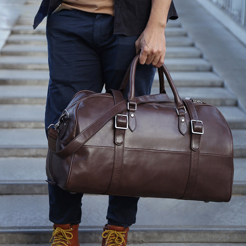 Casual Large Storage Vege Tanned Leather Foldable Traveling Bag 8905-Duffel Bags-Coffee-Free Shipping Leatheretro