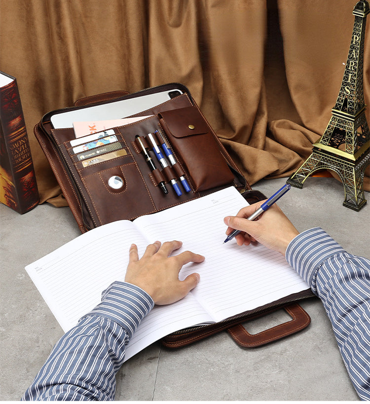 Vintage Leather Portfolio for Tablet Laptop with Notepad Clipboard 2115-Leather Portfolio-Coffee-Free Shipping Leatheretro