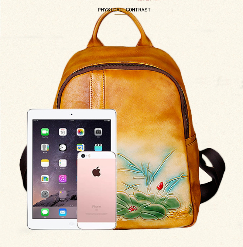 Vintage Floral Embossing Leather Backpack for Women C311-Leather Backpack for Women-Yellow-Free Shipping Leatheretro