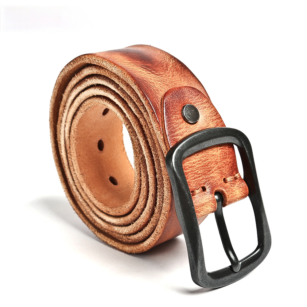 Vintage Men's Steel Buckle Leather Belt B009-Leather Belt-Khaki-Free Shipping Leatheretro