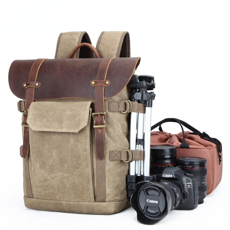 Vintage Waxed Canvas Leather SLR Camera Backpack 3033-Canvas camera backpack-Khaki-Free Shipping Leatheretro