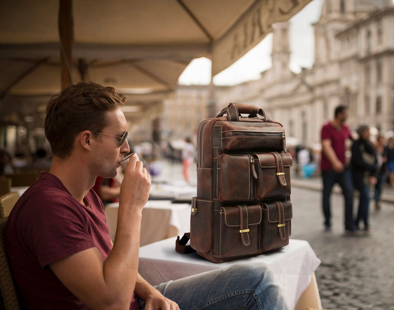 Retro Roomy Leather Travel Backpack P-8027-Leather Backpack-Dark Brown-Free Shipping Leatheretro