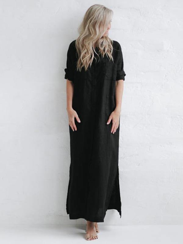 Simple Split-Side Lapel Long Shirt Dress-Maxi Dress-BLACK-S-Free Shipping Leatheretro