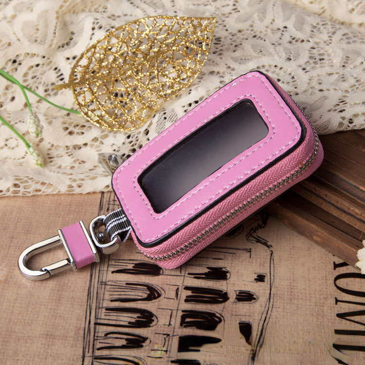 Leather Transparent Zipper Car Case with Key Input Funciton 9069-Leather Car Key Cases-Pink-Free Shipping Leatheretro