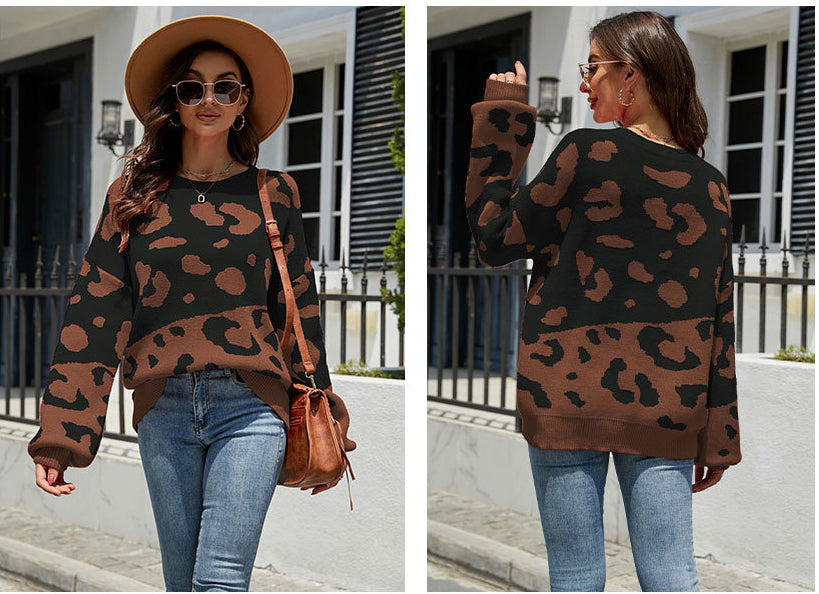 Fashion Round Neck Leopard Knitted Pullover Sweaters-Shirts & Tops-Pink-S-Free Shipping Leatheretro