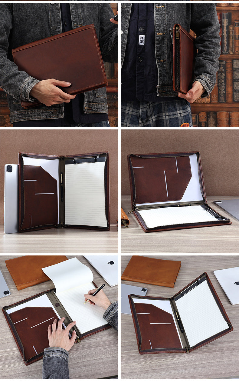 A4 Sized Business Leather Portfolio with Loose Leaf 2116-Leateher Portfolio-Brown- No Zipper-Free Shipping Leatheretro