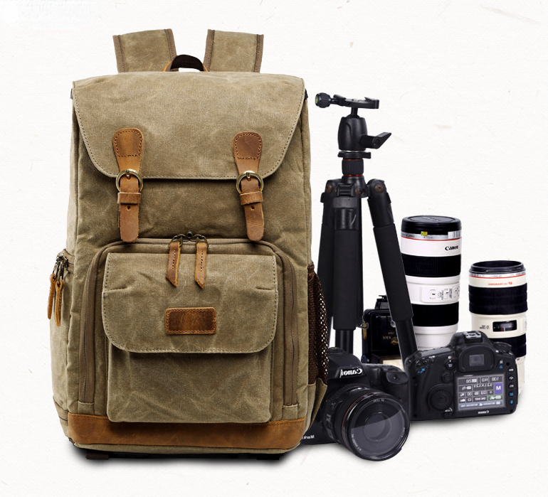 Waxed Canvas Backpack with Inside SLR Camera Bag 279-canvas camera backpack-Khaki-Free Shipping Leatheretro