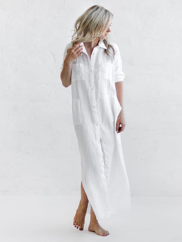 Simple Split-Side Lapel Long Shirt Dress-Maxi Dress-WHITE-S-Free Shipping Leatheretro