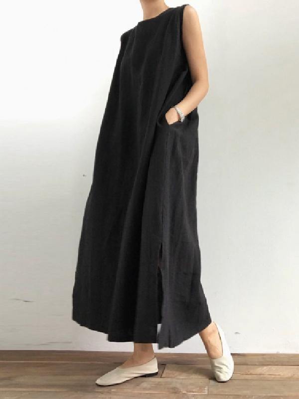 Simple Loose Sleeveless Long Dress-Cozy Dresses-BLACK-FREE SIZE-Free Shipping Leatheretro