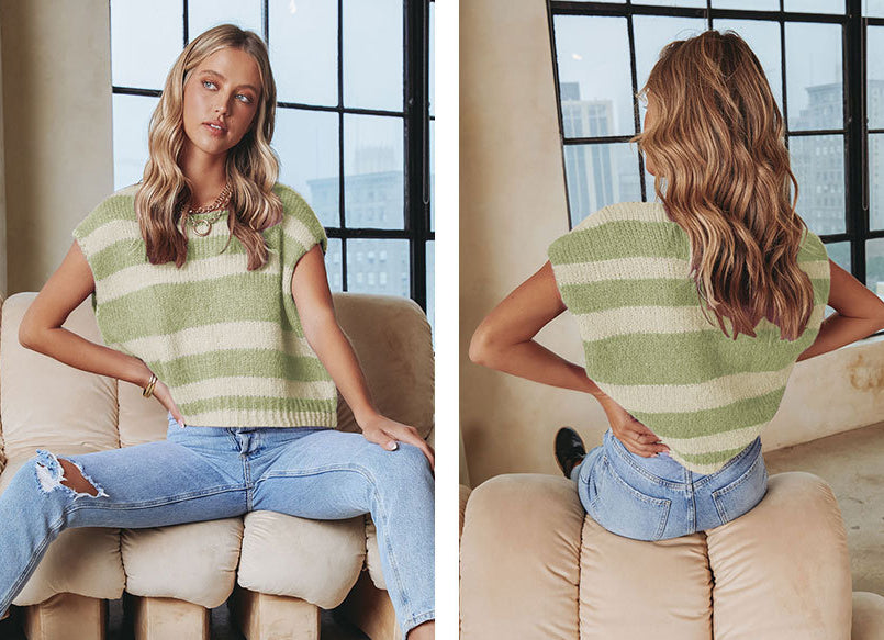 Fashion Striped Sleeveless Tank Top Sweaters-Shirts & Tops-Green-S-Free Shipping Leatheretro