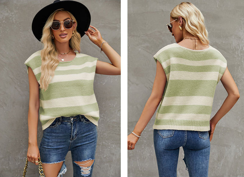Fashion Striped Sleeveless Tank Top Sweaters-Shirts & Tops-Green-S-Free Shipping Leatheretro