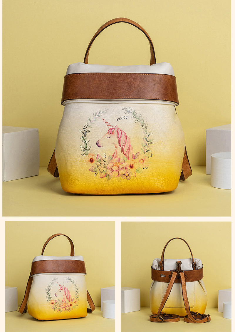 Vintage Vege Tanned Leather Backpack for Women C329-Backpacks-Yellow-Free Shipping Leatheretro