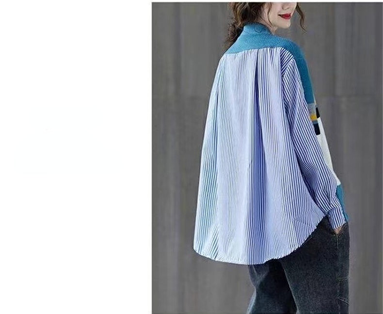 Vintage Long Sleeves Striped Knitting Women Cardigan Sweaters-Shirts & Tops-Blue-One Size-Free Shipping Leatheretro