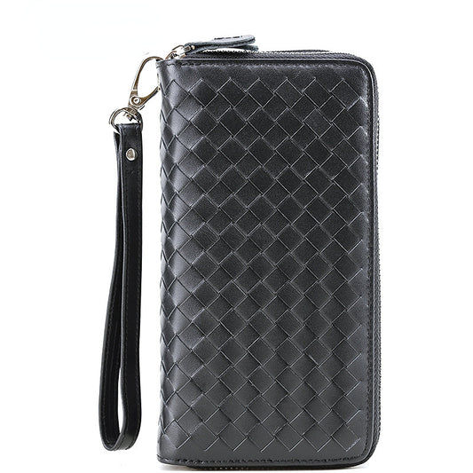 Woven Large Storage Double Zipper Leather Waleets 4009-Handbags, Wallets & Cases-Black-Free Shipping Leatheretro