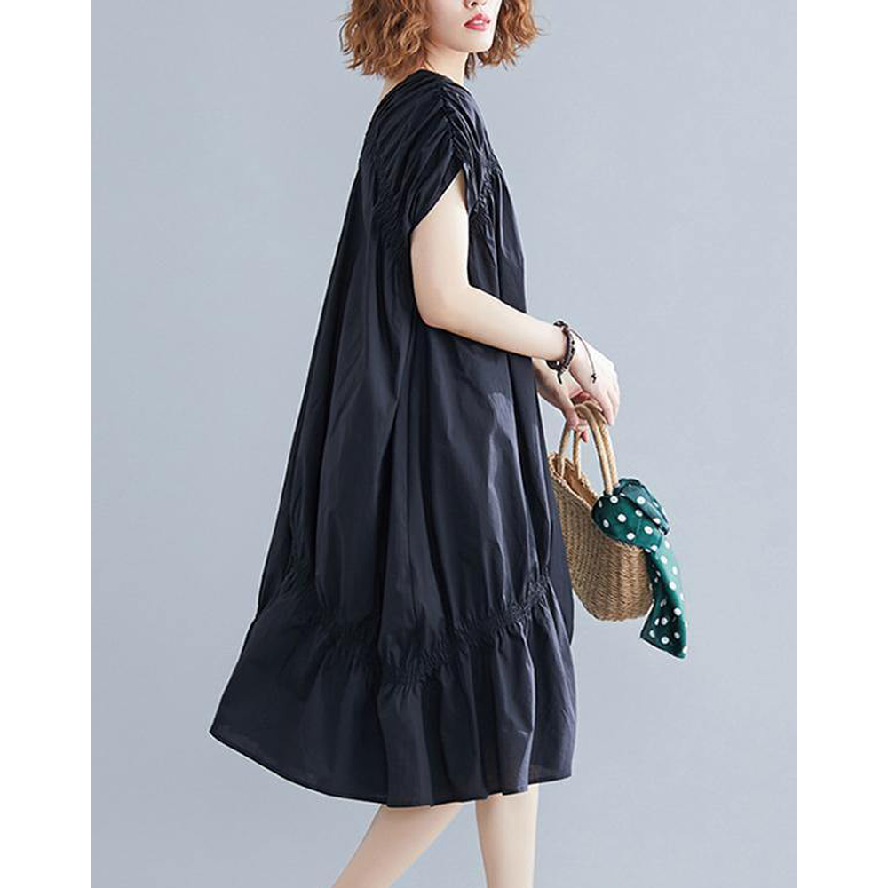 Black Loose Drawstring Ruffled Midi Dress-Cozy Dresses-Free Size-Black-Free Shipping Leatheretro