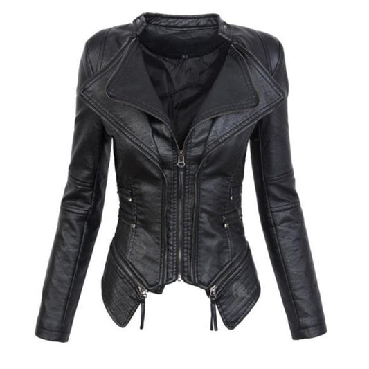 Women PU Leather Zipper Short Jacket Overcoat-Coats & Jackets-Black-S-Free Shipping Leatheretro