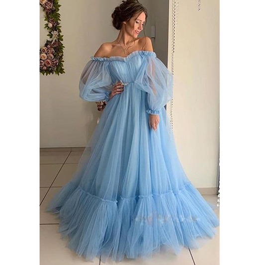 Women Off The Shoulder Tulle Long Party Dresses-Dresses-Pink-S-Free Shipping Leatheretro