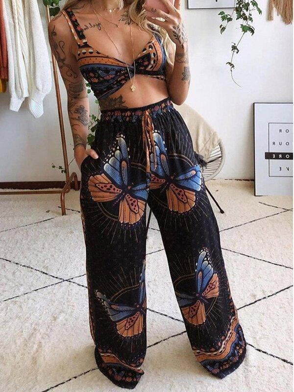 Two-Piece Butterfly Bare Midriff Wide Leg Suit-One Piece Suits-BLACK-S-Free Shipping Leatheretro