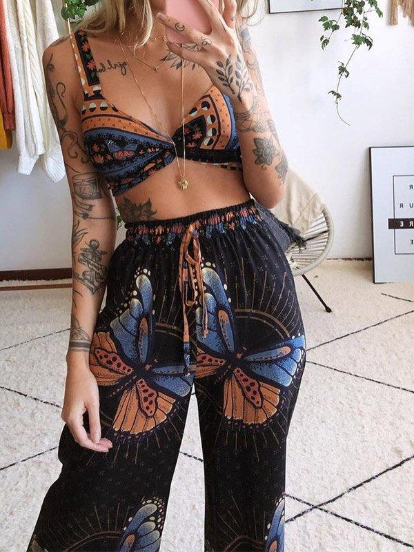 Two-Piece Butterfly Bare Midriff Wide Leg Suit-One Piece Suits-BLACK-S-Free Shipping Leatheretro