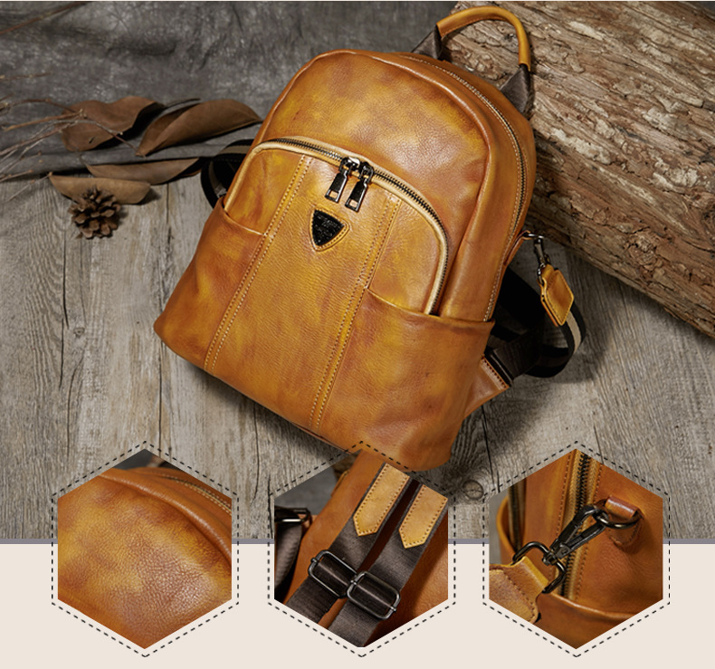 Hand Rubbing Vege Tanned Leather Backpacks for Women C302-Leather Backpacks for Women-Yellow-Free Shipping Leatheretro