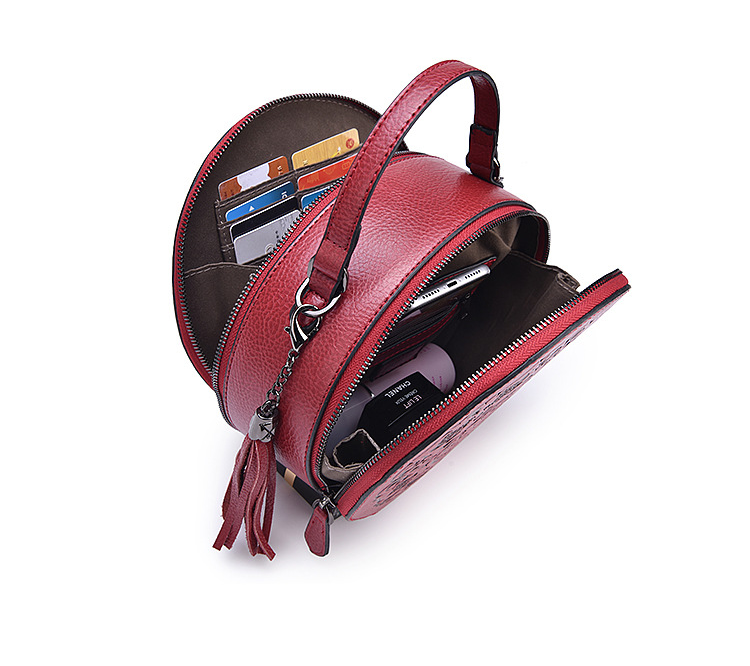 Vintage Toem Embossing Round Shape Leather Tote Bags 9785-Leather Bags for Women-Wine Red-Free Shipping Leatheretro