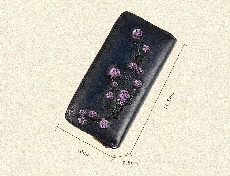 Vintage Plum Blossom Design Leather Waleets for Women 9634-Handbags, Wallets & Cases-Blue-Free Shipping Leatheretro