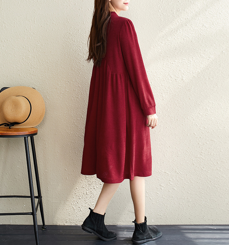 Elegant Women Long Sleeves Round Neck Fall Dresses-Fall Dresses-Wine Red-M-Free Shipping Leatheretro