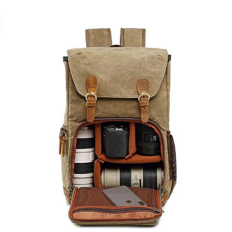 Waxed Canvas Backpack with Inside SLR Camera Bag 279-canvas camera backpack-Khaki-Free Shipping Leatheretro