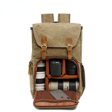 Waxed Canvas Backpack with Inside SLR Camera Bag 279-canvas camera backpack-Khaki-Free Shipping Leatheretro