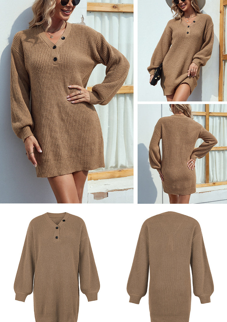 Fashion V Neck Fall Knitted Dresses-Dresses-Brown-S-Free Shipping Leatheretro