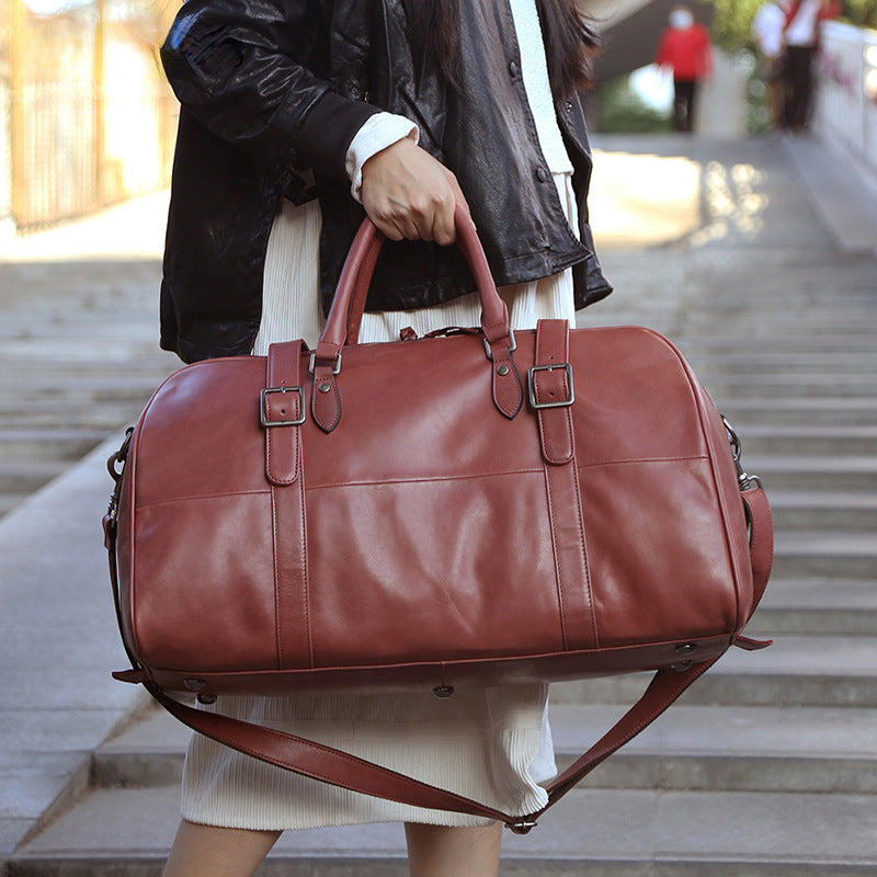 Casual Large Storage Vege Tanned Leather Foldable Traveling Bag 8905-Duffel Bags-Wine Red-Free Shipping Leatheretro