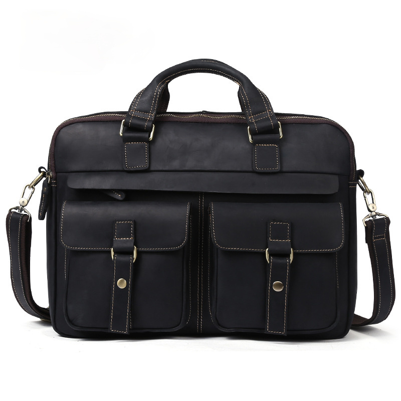 15.6" Men Vintage Leather Business Briefcase J6360-Leather Briefcase-Black-Free Shipping Leatheretro