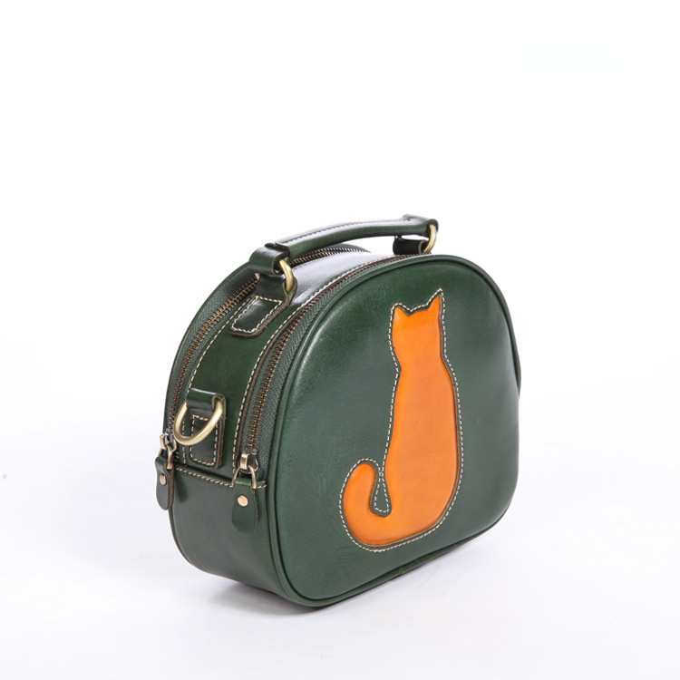 Cute Cat Design Handmade Vege Tanned Leather Bag for Women-Handbags-Green-Free Shipping Leatheretro