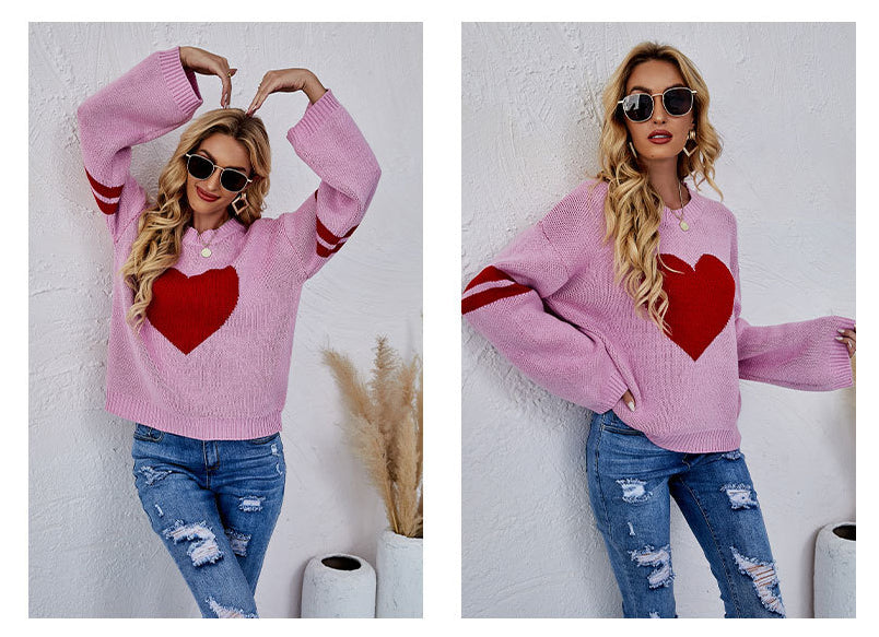 Casual Women Sweetheart Design Pullover Sweaters-Shirts & Tops-Pink-S-Free Shipping Leatheretro