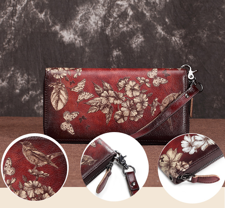 Vintage Handmade Cowhide Leather Zipper Long Wallet for Women 6615-Coffee-Free Shipping Leatheretro