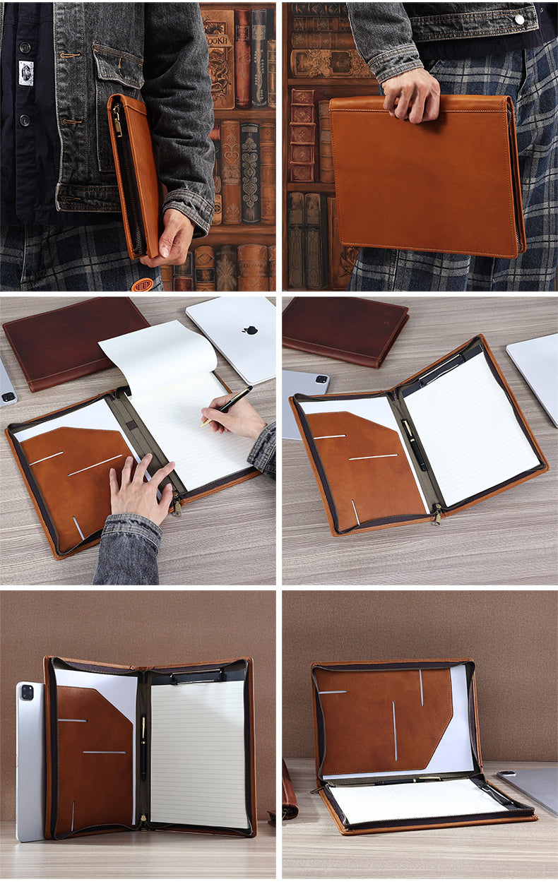 A4 Sized Business Leather Portfolio with Loose Leaf 2116-Leateher Portfolio-Brown- No Zipper-Free Shipping Leatheretro