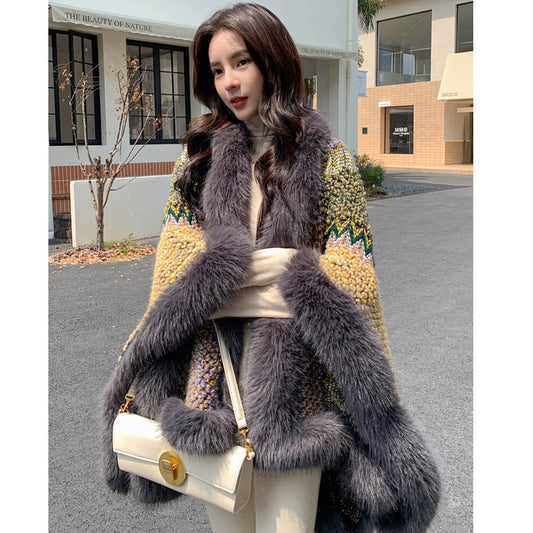 Luxury Designed Knitting Winter Warm Artificial Fox Fur Capes-Coats & Jackets-Gray-Free Shipping Leatheretro