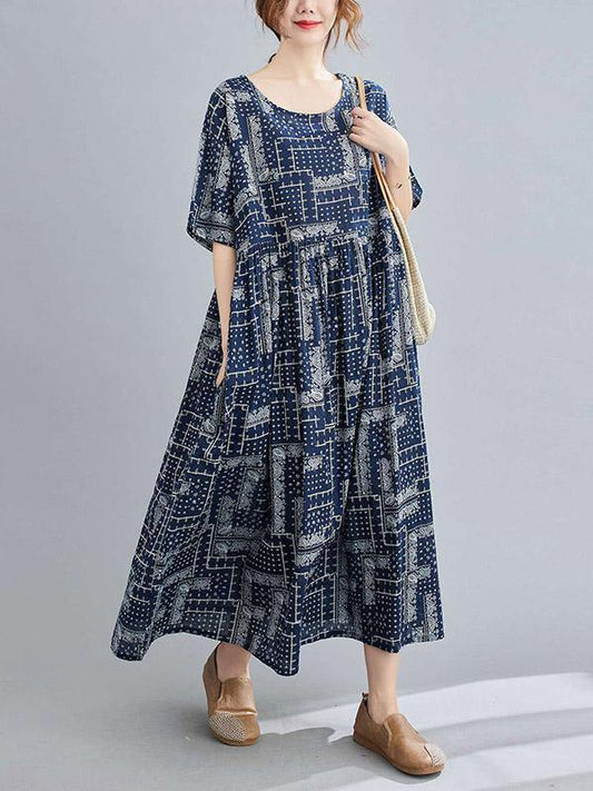 Retro Short Sleeve Round-Neck Long Dresses-Cozy Dresses-One Size-Navy Blue-Free Shipping Leatheretro