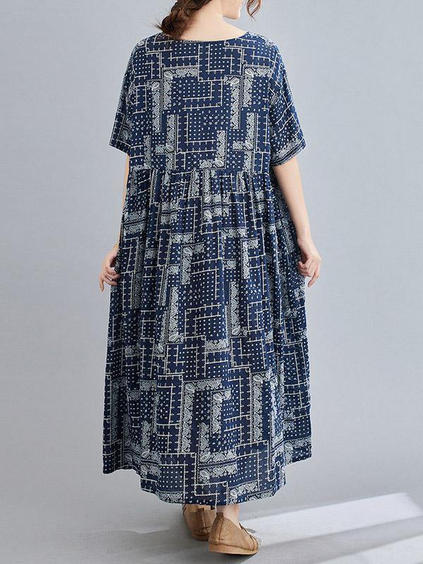 Retro Short Sleeve Round-Neck Long Dresses-Cozy Dresses-One Size-Navy Blue-Free Shipping Leatheretro