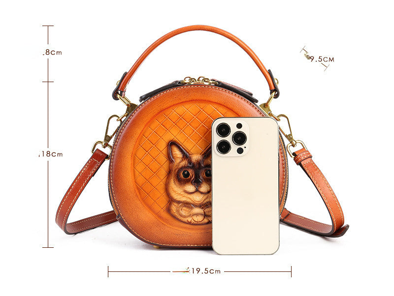 Cute Round Shape Cat Design Leather Handle Handbags 6222-Brown-Free Shipping Leatheretro